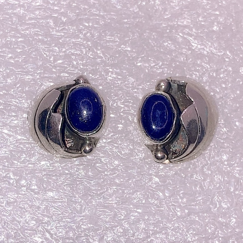 Vtg Navajo Sterling & Lapis Floral Leaf Shadow Box Design Stud Earrings  .5”